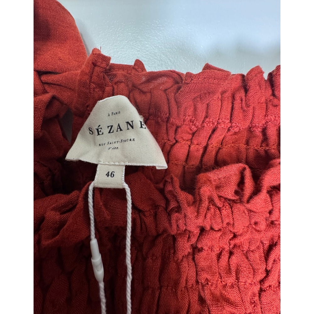 Sezane Red Smocked Puff Sleeve Crop Top Cotton Linen Blend Sz 46 NEW - Picture 7 of 9